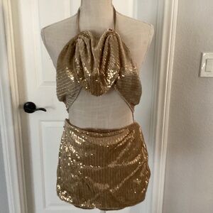 SHEIN 2 Piece Sequins Mini Skirt Set,  Size Small, Color Beige